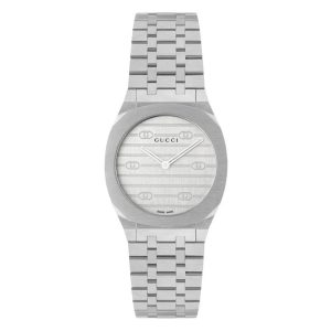 Gucci Women’s Swiss Made Quartz Silver Stainless Steel Silver Dial 30mm Watch YA163501