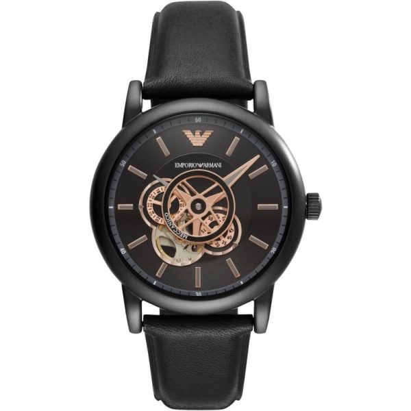 Emporio Armani Men’s Automatic Black Leather Strap Black Dial 43mm Watch AR60012