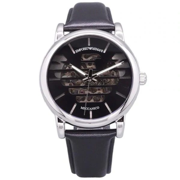 Emporio Armani Men’s Automatic Black Leather Strap Black Dial 43mm Watch AR60040