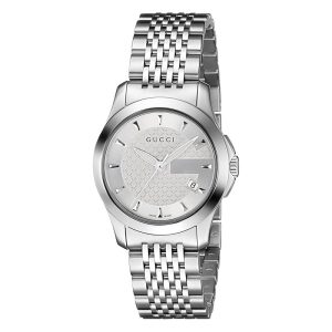 Gucci Women’s Swiss Made Quartz Silver Stainless Steel Silver Dial 27mm Watch YA126501