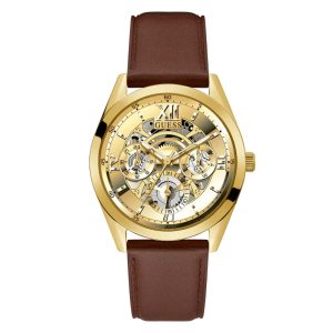 Guess Men’s Quartz Brown Leather Strap Gold Dial 42mm Watch GW0389G5