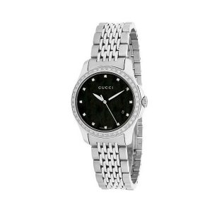 Gucci Women’s Swiss Made Quartz Silver Stainless Steel Black Mother Of Pearl Dial 27mm Watch YA126509