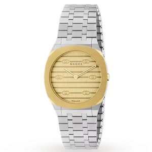 Gucci Women’s Swiss Made Quartz Silver Stainless Steel Gold Dial 30mm Watch YA163502