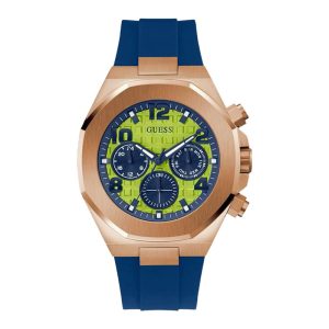 Guess Men’s Quartz Blue Silicone Strap Lime Green Dial 46mm Watch GW0583G3