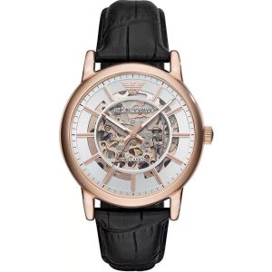 Emporio Armani Men’s Automatic Black Leather Strap Silver Dial 43mm Watch AR60007