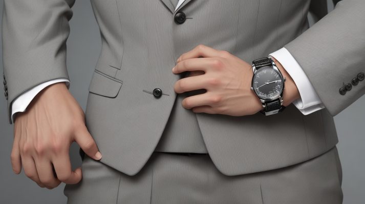 A gentleman wearing a tailored suit, with a focus on the wrist adorned with a sleek, minimalist watch.