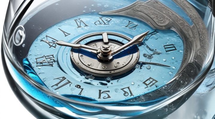 A photograph of a watch submerged in a clear glass of water, emphasizing the importance of understanding water resistance limits and proper care.