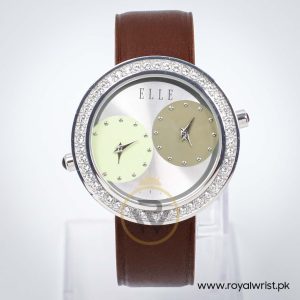 Elle Women’s Quartz Brown Leather Strap Silver Dial 41mm Dual Time Watch EL20038S34N