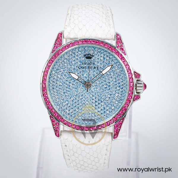 Juicy Couture Women’s Quartz White Leather Strap Sky Blue Dial 40mm Watch 1901132