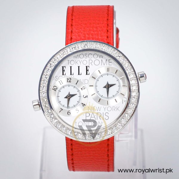 Elle Women’s Quartz Red Leather Strap White Dial 41mm Dual Time Watch EL20038S14N