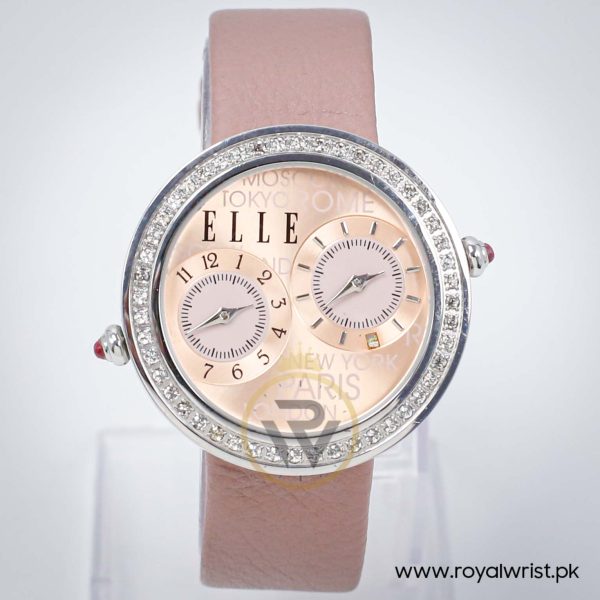 Elle Women’s Quartz Mauve Leather Strap Peach Dial 41mm Dual Time Watch EL20038S02N