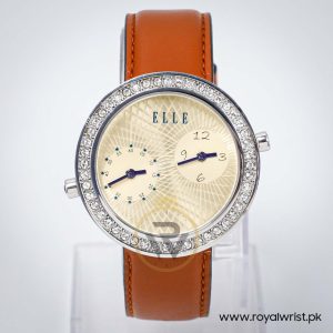 Elle Women’s Quartz Brown Leather Strap Gold Dial 41mm Dual Time Watch EL20038S47N