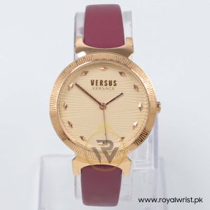 Versus by Versace Women’s Quartz Plum Leather Strap Gold Dial 35mm Watch VSPEO0419