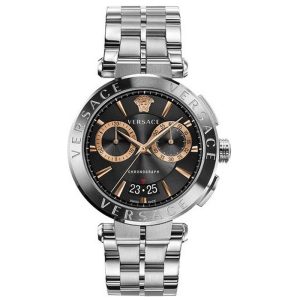 Versace Men’s Quartz Swiss Made Silver Stainless Steel Black Dial 45mm Watch VE1D01019