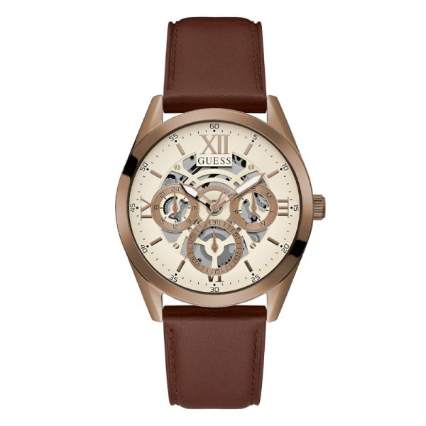 Guess Men’s Quartz Brown Leather Strap White Dial 42mm Watch GW0389G8