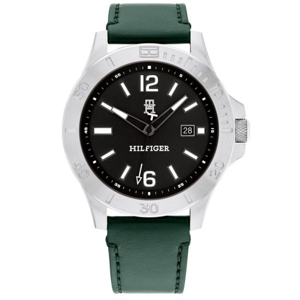 Tommy Hilfiger Men’s Quartz Green Leather Strap Black Dial 46mm Watch 1710531