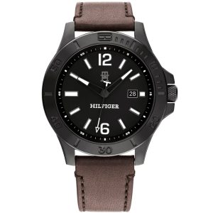 Tommy Hilfiger Men’s Quartz Brown Leather Strap Black Dial 46mm Watch 1710530