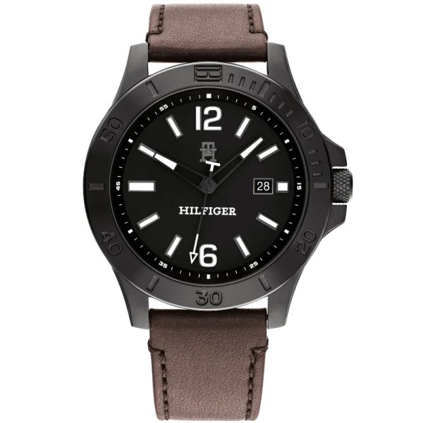 Tommy Hilfiger Men’s Quartz Brown Leather Strap Black Dial 46mm Watch 1710530