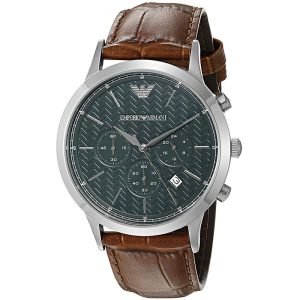 Emporio Armani Men’s Quartz Brown Leather Strap Green Dial 43mm Watch AR2493