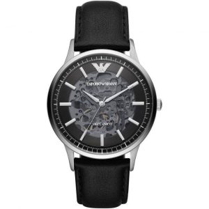 Emporio Armani Men’s Automatic Black Leather Strap Black Dial 43mm Watch AR60038