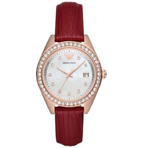 Emporio Armani Women’s Quartz Red Leather Strap White Dial 36mm Watch AR11489