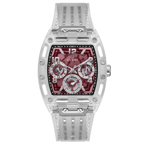 Guess Men’s Quartz Transparent Silicone Strap Burgundy Dial 42mm Watch GW0499G9