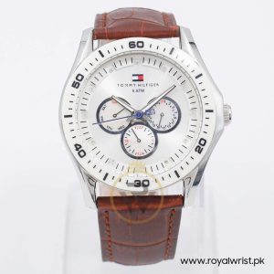 Tommy Hilfiger Men’s Quartz Dark Brown Leather Strap Silver Dial 45mm Watch 1780814