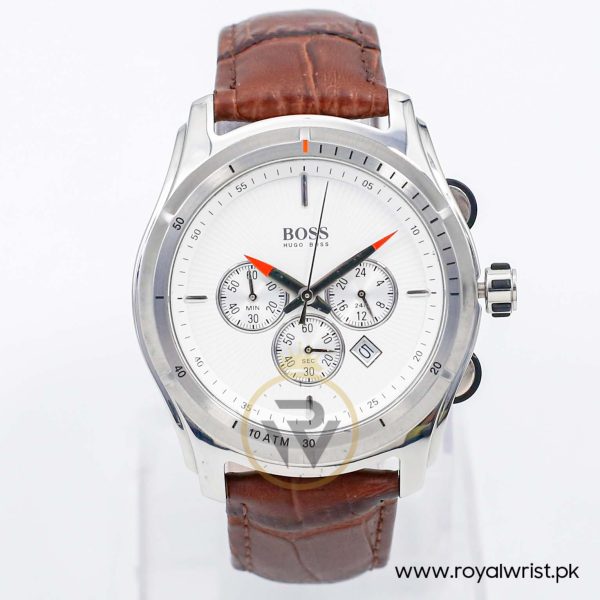 Hugo Boss Men’s Quartz Brown Leather Strap White Dial 44mm Watch 1512153/2