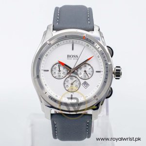 Hugo Boss Men’s Quartz Grey Leather Strap White Dial 44mm Watch 1512153/4