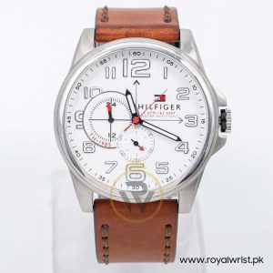 Tommy Hilfiger Men’s Quartz Brown Leather Strap White Dial 46mm Watch 1791007/1