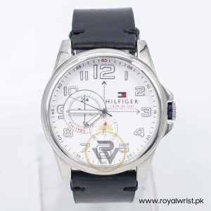 Tommy Hilfiger Men’s Quartz Black Leather Strap White Dial 46mm Watch 1791007