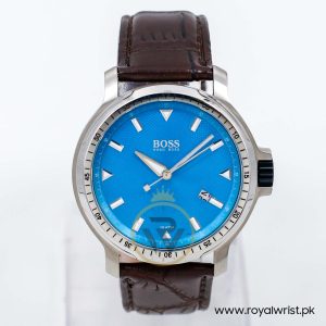 Hugo Boss Men’s Quartz Dark Brown Leather Strap Sky Blue Dial 43mm Watch 1512099/3