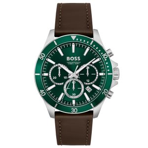 Hugo Boss Men’s Quartz Brown Leather Strap Green Dial 45mm Watch 1514098