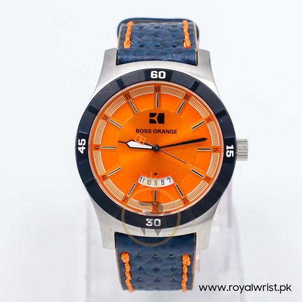 Hugo Boss Men’s Quartz Navy Blue Leather Strap Orange Dial 44mm Watch 1512531/1