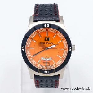 Hugo Boss Men’s Quartz Black Leather Strap Orange Dial 44mm Watch 1512531/2