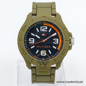 Tommy Hilfiger Men’s Quartz Olive Green Silicone Strap Black Dial 46mm Watch 1790943