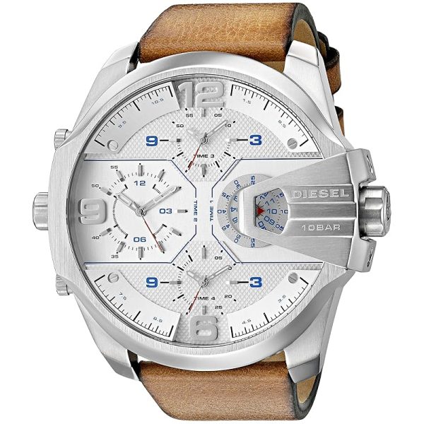 Diesel Men’s Quartz Brown Leather Strap Silver Dial 55mm 4Time Zone Watch DZ7374