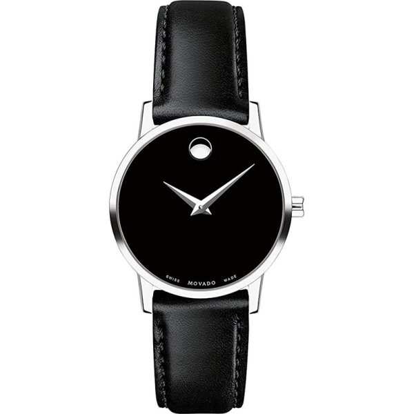 Movado Women’s Swiss Made Quartz Black Leather Strap Black Dial 28mm Watch 0607274