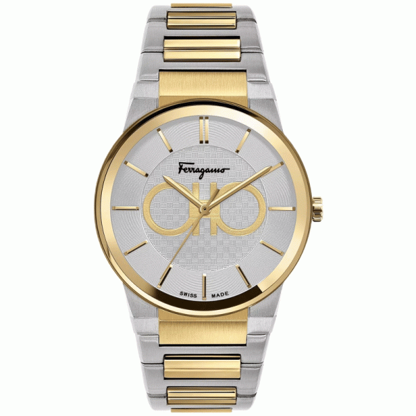 Ferragamo Swiss Made Quartz Two Tone Stainless Steel Silver Dial 41mm Watch SFHP520