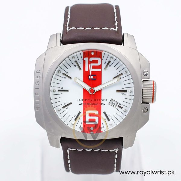 Tommy Hilfiger Men’s Quartz Dark Brown Leather Strap Red & White Dial 50mm Watch 1710202