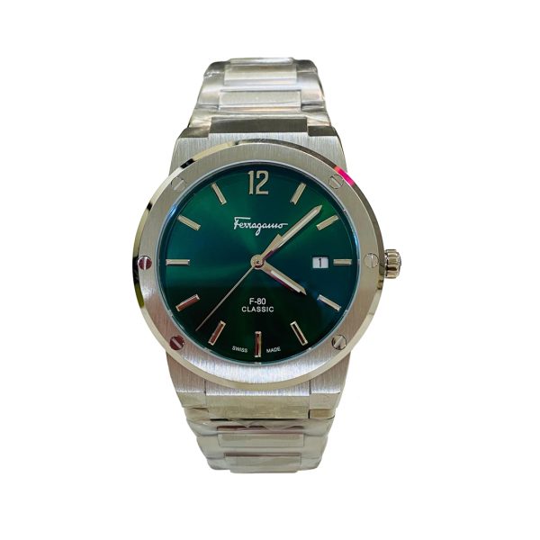 Ferragamo Men’s Swiss Made Quartz Silver Stainless Steel Green Dial 41mm Watch SFDT00249