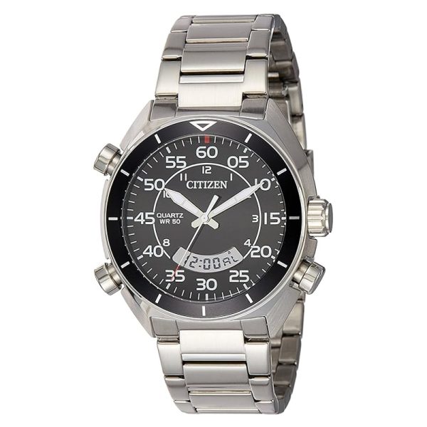 Citizen Men’s Digital & Analog Silver Stainless Steel Black Dial 44mm Watch JM5470-58E