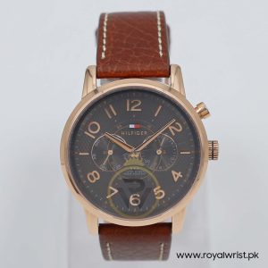 Tommy Hilfiger Men’s Quartz Brown Leather Strap Grey Dial 44mm Watch 1791084