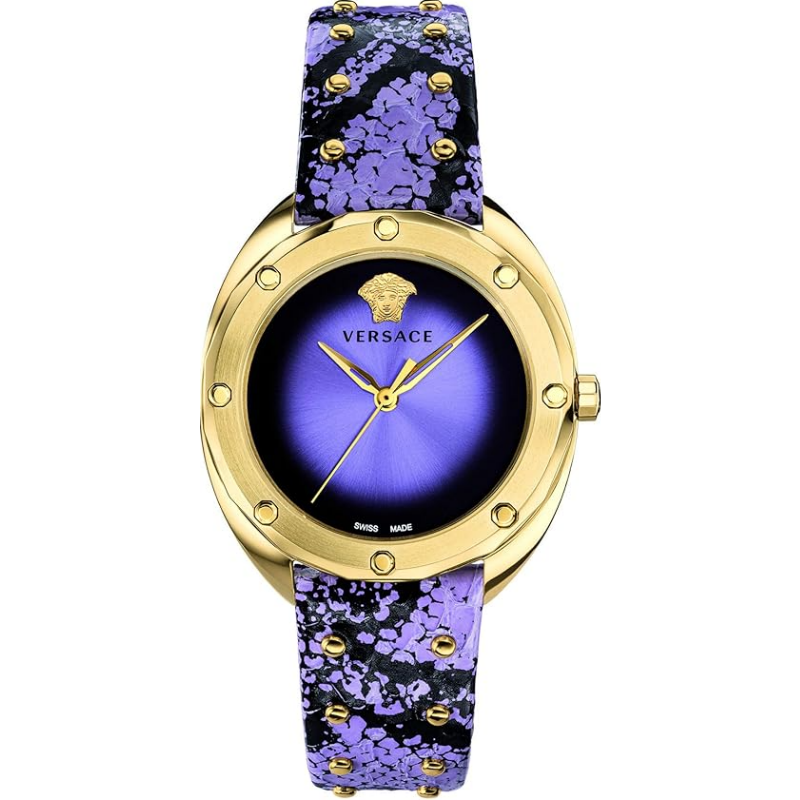 Versace Women’s Quartz Swiss Made Purple & Black Leather Strap Purple Dial 38mm Watch VEBM00218