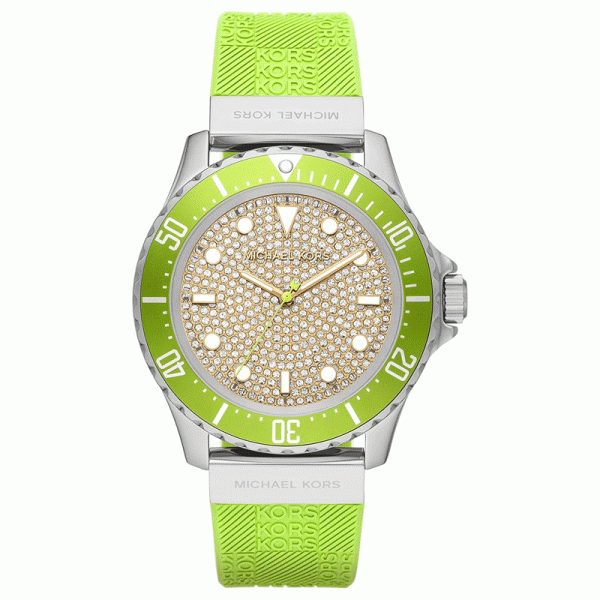 Michael Kors Women’s Quartz Green Silicone Strap Gold Pave Dial 43mm Watch MK7360