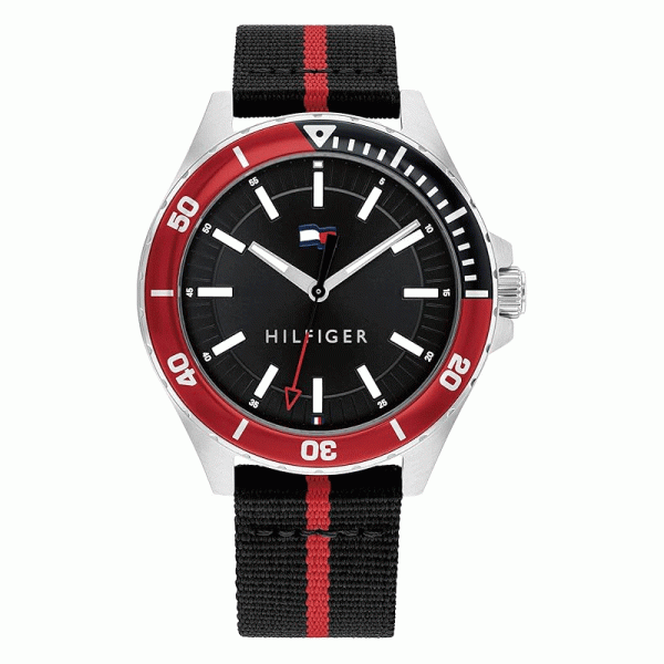 Tommy Hilfiger Men’s Quartz Black & Red Nylon Strap Black Dial 43mm Watch 1792010