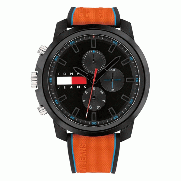 Tommy Hilfiger Men’s Quartz Orange Silicone Strap Black Dial 50mm Watch 1710583