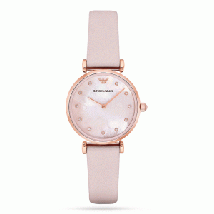 Emporio Armani Women’s Quartz Pink Leather Strap Pink Mother Of Pearl Dial 32mm Watch AR1958