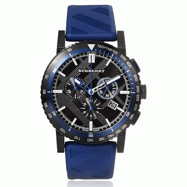 Burberry Men’s Swiss Made Quartz Blue Silicone Strap Black Dial 42mm Watch BU9807