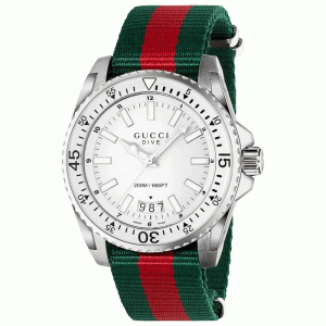 Gucci Men’s Swiss Made Quartz Green & Red Nylon Strap White Dial 45mm Watch YA136207